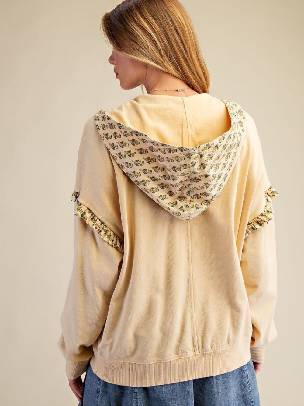 3-0908 Easel Cream Vintage Print Hooded Ruffle Tie-Neck Sweatshirt - Womens - Picture 4 of 5